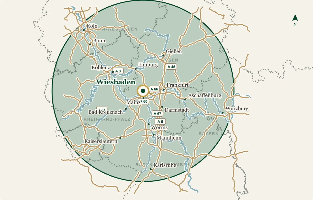 Regionale Straßenkarte mit einem kreisförmigen Orientierungsradius von rund 140 Kilometern um Wiesbaden, entsprechend ungefähr bis zu 120 Minuten Fahrzeit nach Absprache